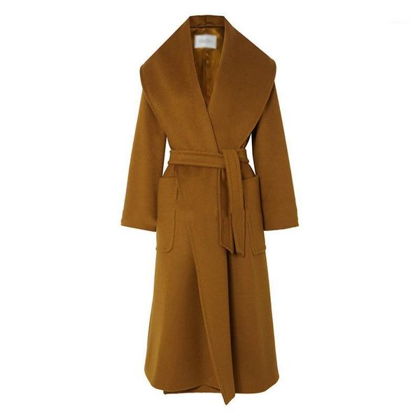 

women's wool & blends abrigos para mujer 2021 autumn winter fashion woolen coat womens lapel long sleeve lacing thick warm high street, Black