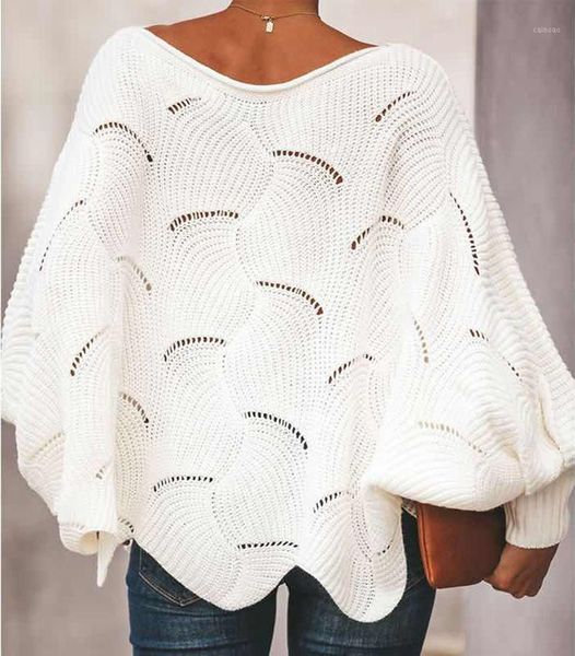 

women's sweaters crocheted sweater women ruffles lantern sleeve o-neck hollow out loose pullover ladies solid oversized, White;black