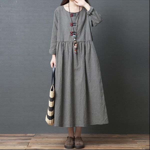 

black plaid long spring loose womens dress sleeve plus size cotton o neck chinese button, Black;gray