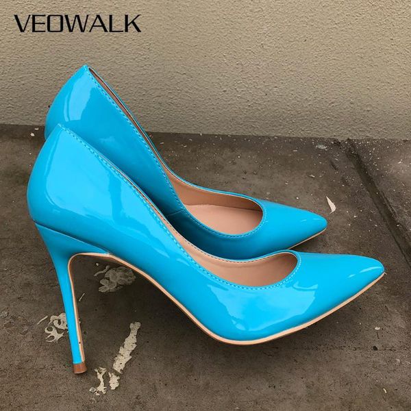 

veowalk women paten leather pointed toe high heels solid candy color ladies stilettos pumps slip on party wedding shoes dress, Black