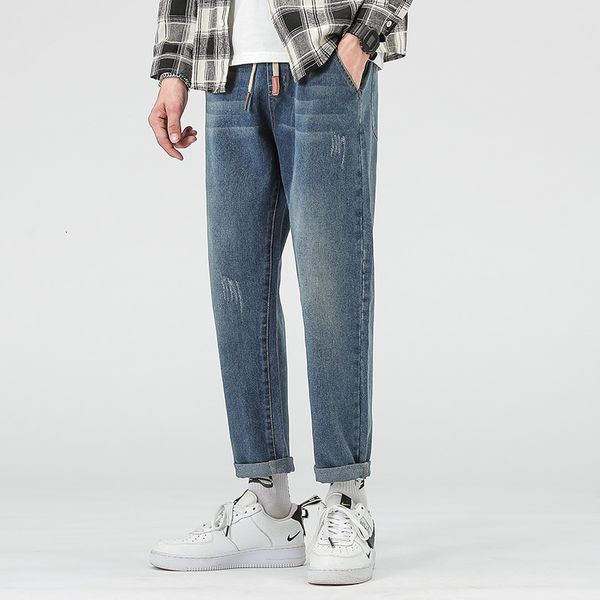 

jeans men's summer pants loose straight capris versatile thin washed, Blue