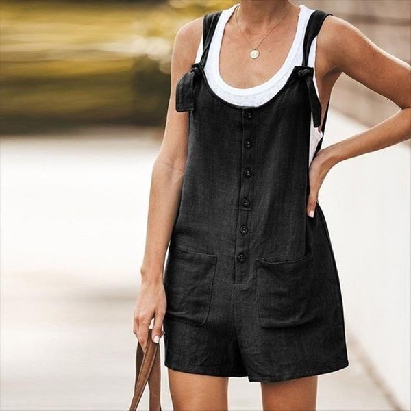 

summer casual loose sleeveless solid womens jumpsuit button pocket suspenders bib short pants wide leg playsuits overalls, Black;white