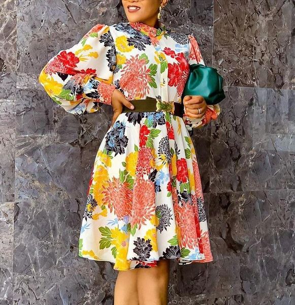 

printed long lantern sleeves women dress a line pleated floral vintage female knee length spring summer african fashion vestidos, Black;gray