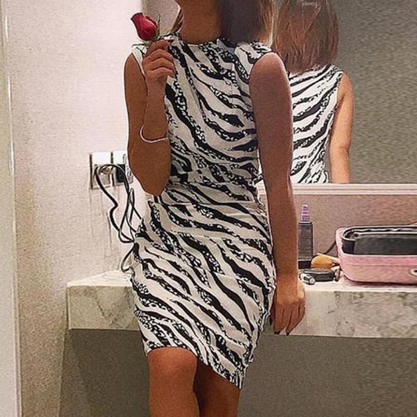

fashion women slim zebra print dress sleeveless midi dresses casual elegant, Black;gray