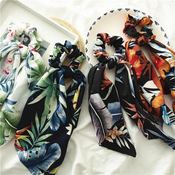 

chiffon ribbon scrunchies woman streamers hair ring silk girl ponytail holders printed ties rope accessories headwear1