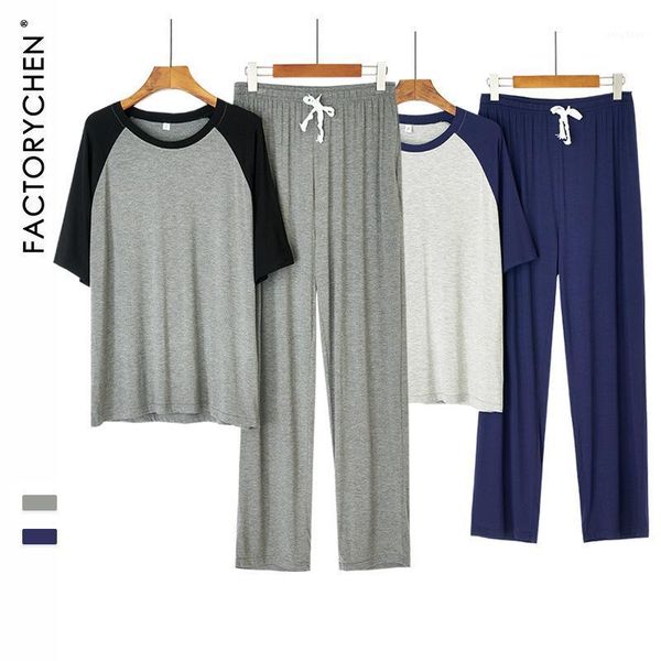 

men's sleepwear modal cotton pajamas suit summer thin large size long-sleeved trousers autumn casual home wear two-piece, Black;brown