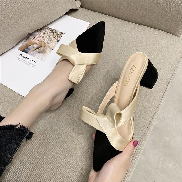 

sandals laasimi flock pointed toe women slip on shallow ladies shoes woman hoof heel sandalias de verano para mujer 2021 slides, Black