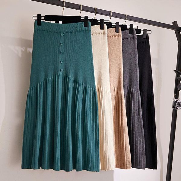 

skirts winter autumn 2021 womens knitting wool pleated long skirt buttons high waist elastic large hem saia midi, Black