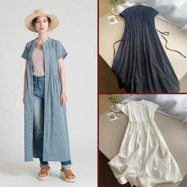 

party dresses summer women mori girl vintage loose plus size jacquard japan style pleated comfortable cotton linen shirt w/h belt, White;black