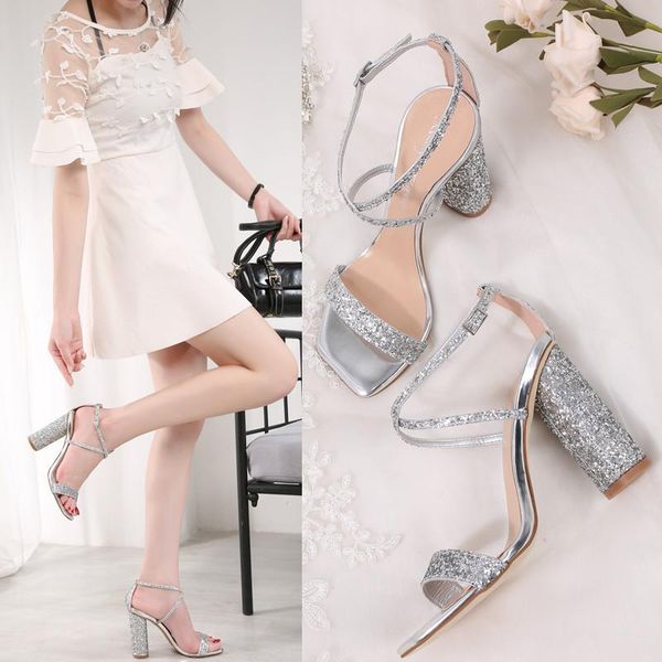 

dress shoes summer word with thick and high heels cross sequined sandals banquet fashion all-match custom-made women's, Black
