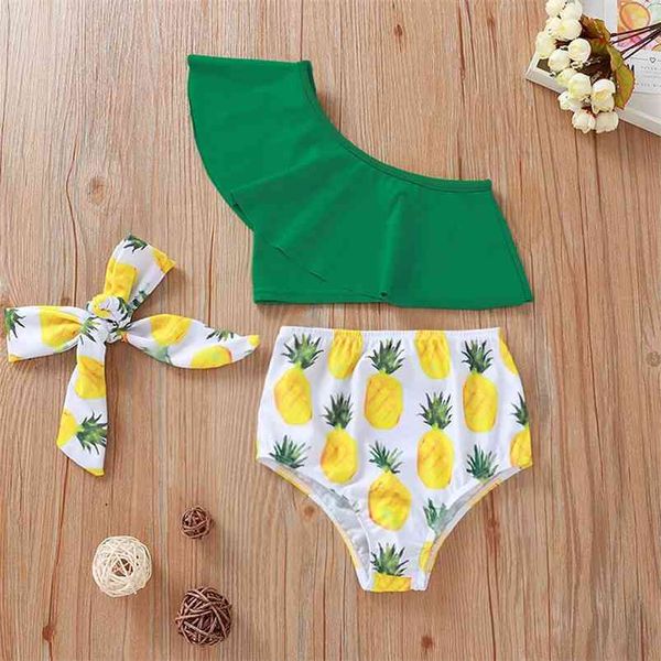 Sommer Kinder Sets Casual Einzelne Schulter Rüschen Grün Solide Tops Drucken Ananas Shorts Nette Baby Kleidung 6M-4T 210629