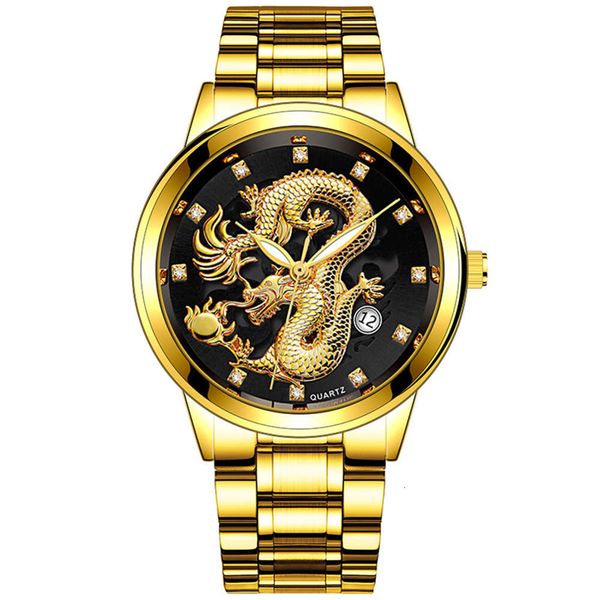 

watch gold embossed golden dragon non mechanical business alloy diamond calendar quartz men's, Slivery;brown