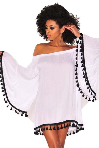 

casual dresses party summer 2021 robe black off shoulder tassel trim short dress long sleeve loose vestido mujer, Black;gray