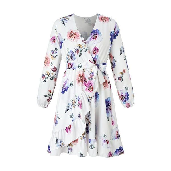 

casual dresses autumn 2021 v-neck, long sleeve, irregular ruffled print dress women for, Black;gray