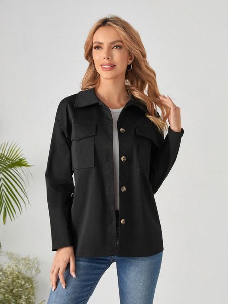 

emery rose flap pocket button front jacket o0qy#, Black;brown