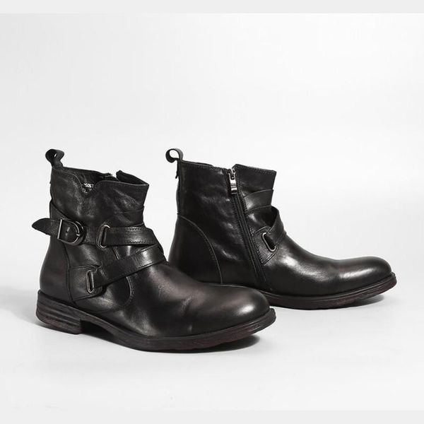

boots genuine zip retro side leather ankle men black brown round toe motorcycle boot business casual buckle booties