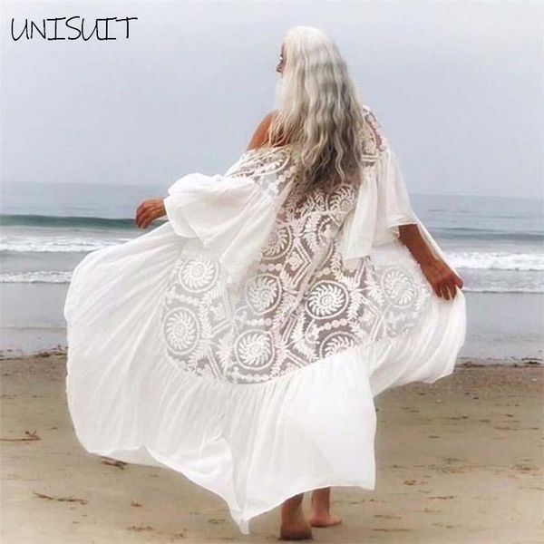

women's swimwear women floral hollow out flare sleeves ladies beach lace cardigan casual loose solid color long dresses bohemia beachwe, White;black