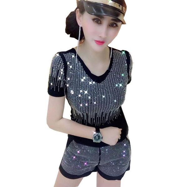 

summer 2 piece set women tracksuits heavy industry rhinestone fashion vest straight wide leg pants casual suit female, Gray