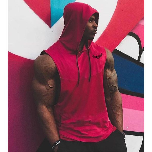 

running jerseys gym clothing mens bodybuilding hooded tank cotton sleeveless vest fitness workout sportswear male shirts, Black;blue