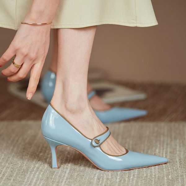 

spring women high heels pumps genuine leather pointed toe 7 cm dress shoes for ladies outdoor, Black