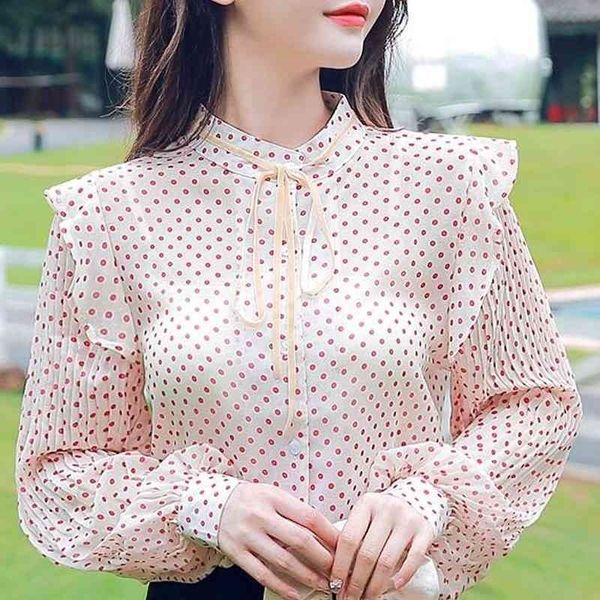 

blouse women blusas mujer de moda long sleeve dot chiffon blouse shirt women blouses shirts stand collar blouse blusa d508 210602, White