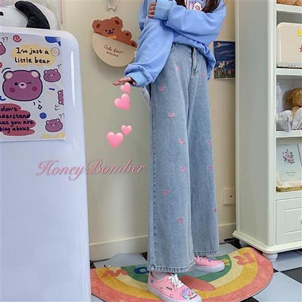 

women's jeans baggy girls vintage washed love korean loose straight denim trousers high waist cropped pants female, Blue