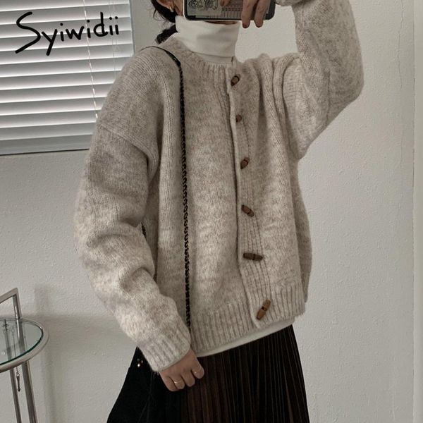 

women's knits & tees syiwidii vintage woman sweaters cardigan fall winter 2021 fashion knitted o neck jackets horn button long sleeve, White