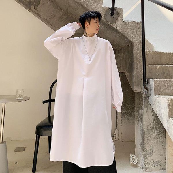 

men's casual shirts men japan style long sleeve stand collar black white pullover dress shirt robe male streetwear gothic loose, White;black