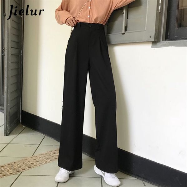 

women wide leg pants black gray high waist casual suit office ladies formal loose trousers femme pockets pantalon 210426, Black;white