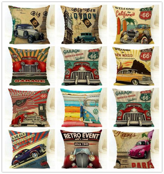 

cushion/decorative pillow vintage car scenic picture cotton square decorate cover fundas almofadas