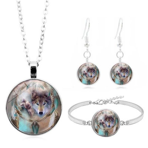 

earrings & necklace dreamcatcher wolf glass cabochon stud bracelet bangle set totally 4 pcs women's jewelry creative gift, Silver