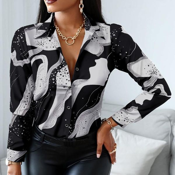 

women's blouses & shirts office lady lapel blouse women autumn casual geometric pattern button-down long sleeve shirt loose collar pul, White