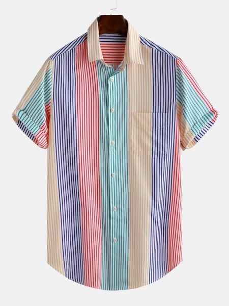 

men's casual shirts vertical colorful striped shirt mens cotton button up short sleeve chest pocket men summer korean clothes, White;black