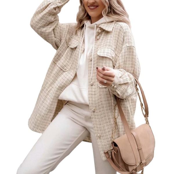 

fashion jackets women spring elegant lady 90s plaid shirt coat pearl button checked outwear streetwear women's, Black;brown