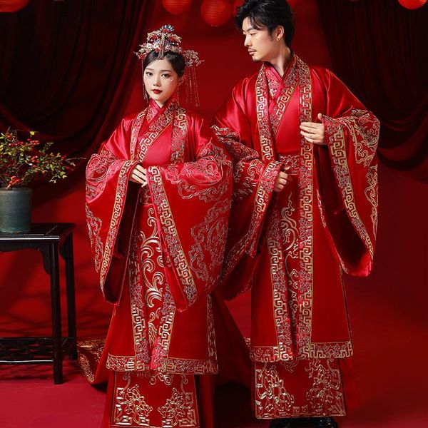 

ethnic clothing couple wedding dress traditional chinese style red embroidery cheongsam ancient hanfu marriage costume