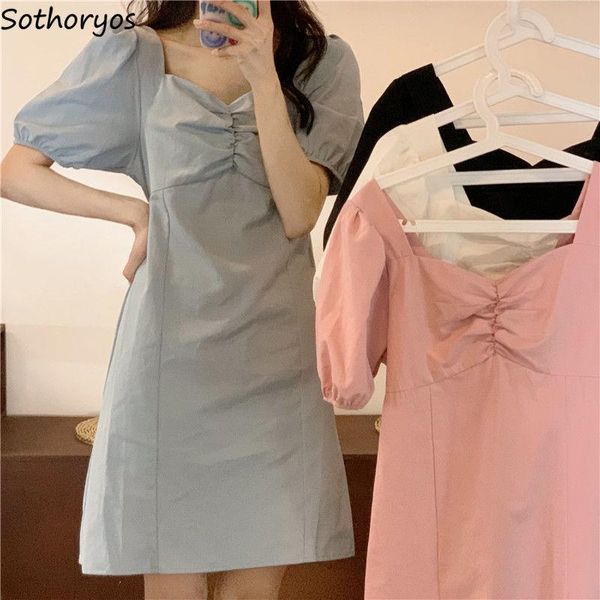 

casual dresses women short puff sleeve solid color summer trendy girls chic korean high waist v-neck ladies elegant pleated sweet party, Black;gray