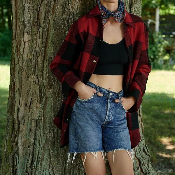 

women's wool & blends vogue vintage women red-black plaid shirt jacket fashion ladies long sleeve side pocket blouse female casual soft