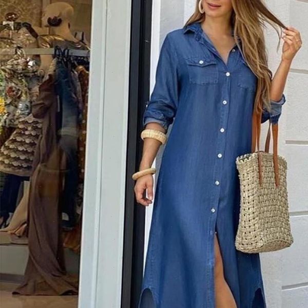 

autumn women dress long sleeve shirt denim dresses pocket button print casual loose, Black;gray