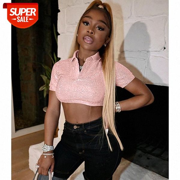

[in stock]european and american women's clothing sequined lapel solid color short t-shirt women #2g93, White