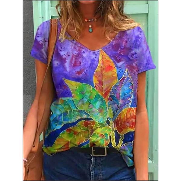 

women's 3d color leaf print polyester t-shirt oversized loose short sleeve v-neck t-shirt casual streetwear summer basic t-shirt 5xl, White