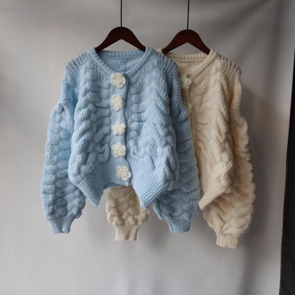 

women's knits & tees knitted ribbed cardigan sweater autumn chic floral button female long sleeve jumpers spring casual loose ladies, White