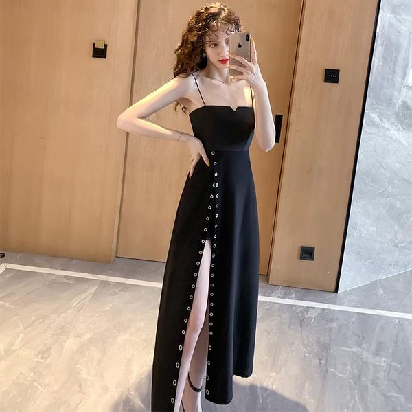 

casual dresses summer black sleeveless spaghetti strap dress women slash neck a-line midi split high waist woman tide, Black;gray