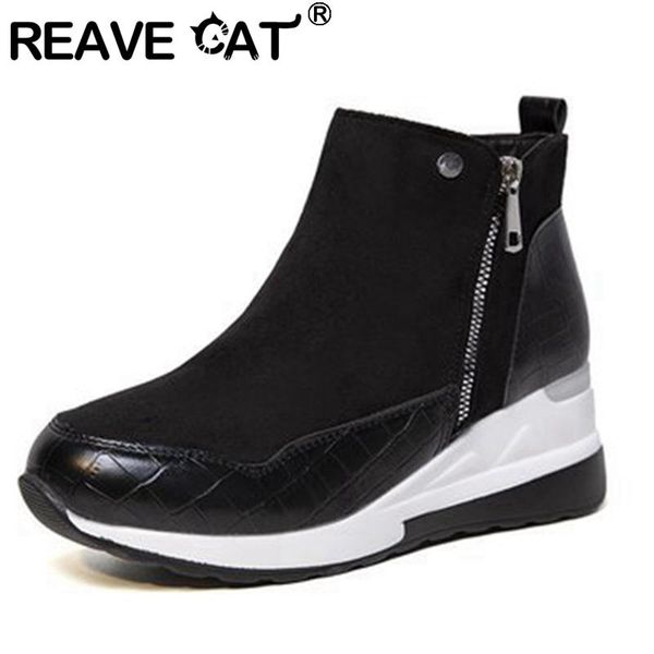 

boots reave cat women 2021 ankle round toe 7cm high wedge heels zip patchwork classic big size 35-43 casual winter a3694, Black