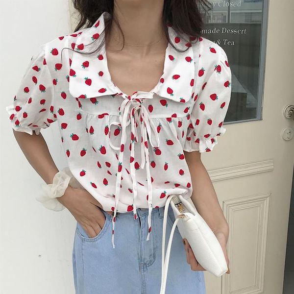 

women's blouses & shirts wholesale female students strawberry printing fashion turn-down collar short lantern sleeve women chiffon swee, White