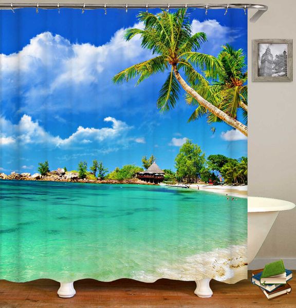 Praia ensolarada impresso tecido chuveiro cortinas mar cenário banho tela impermeável produtos banheiro decoração 210609
