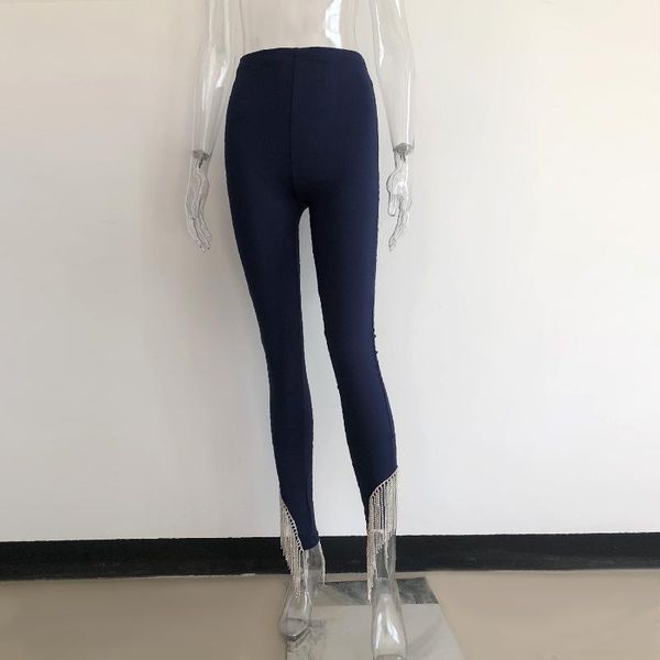 

rhinestone fringed leggings high waist ladies solid color dark blue skinny pants elastic bottom glitter streetwear fashion women's & ca, Black;white