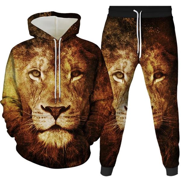 

jogging clothing 2021 fashion 3d lion digital printing hoodie sportswear pants suit men and women hooded pullover casual sweater two-piece, Black;red