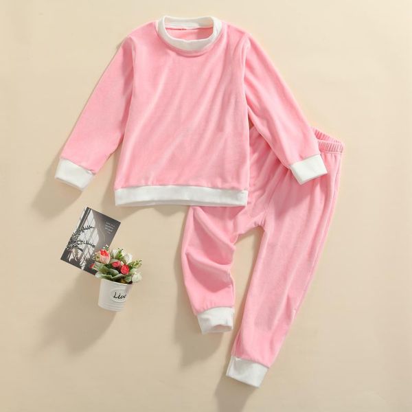 

clothing sets 2pcs toddler baby girls fall outfits warm plush color block long sleeve round collar pullover sweatshirt and pants set 1-6y, White