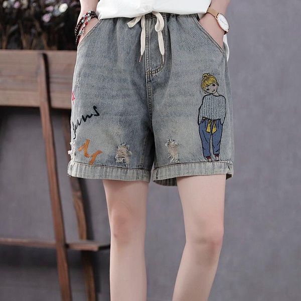 

summer women high waist short jeans female loose casual plus size denim shorts elastic vintage kk0133 women's, Blue