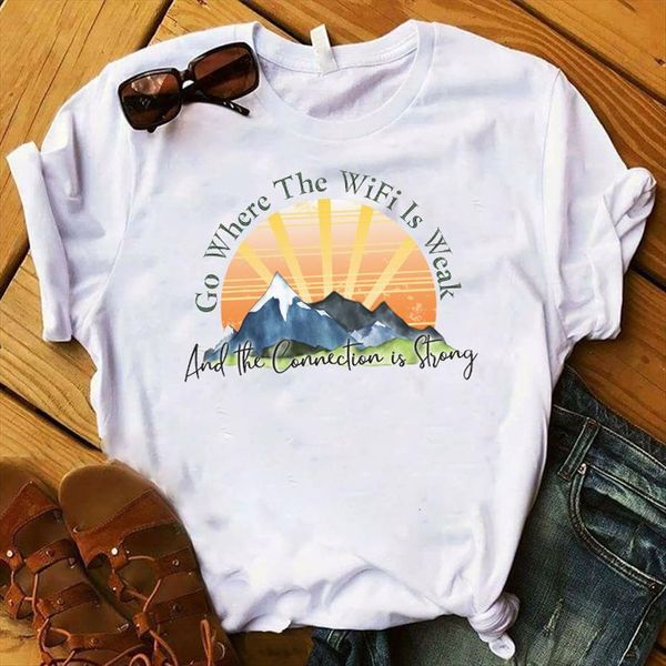 

strong camping printed short sleeve women loose tee clothes graphic, White